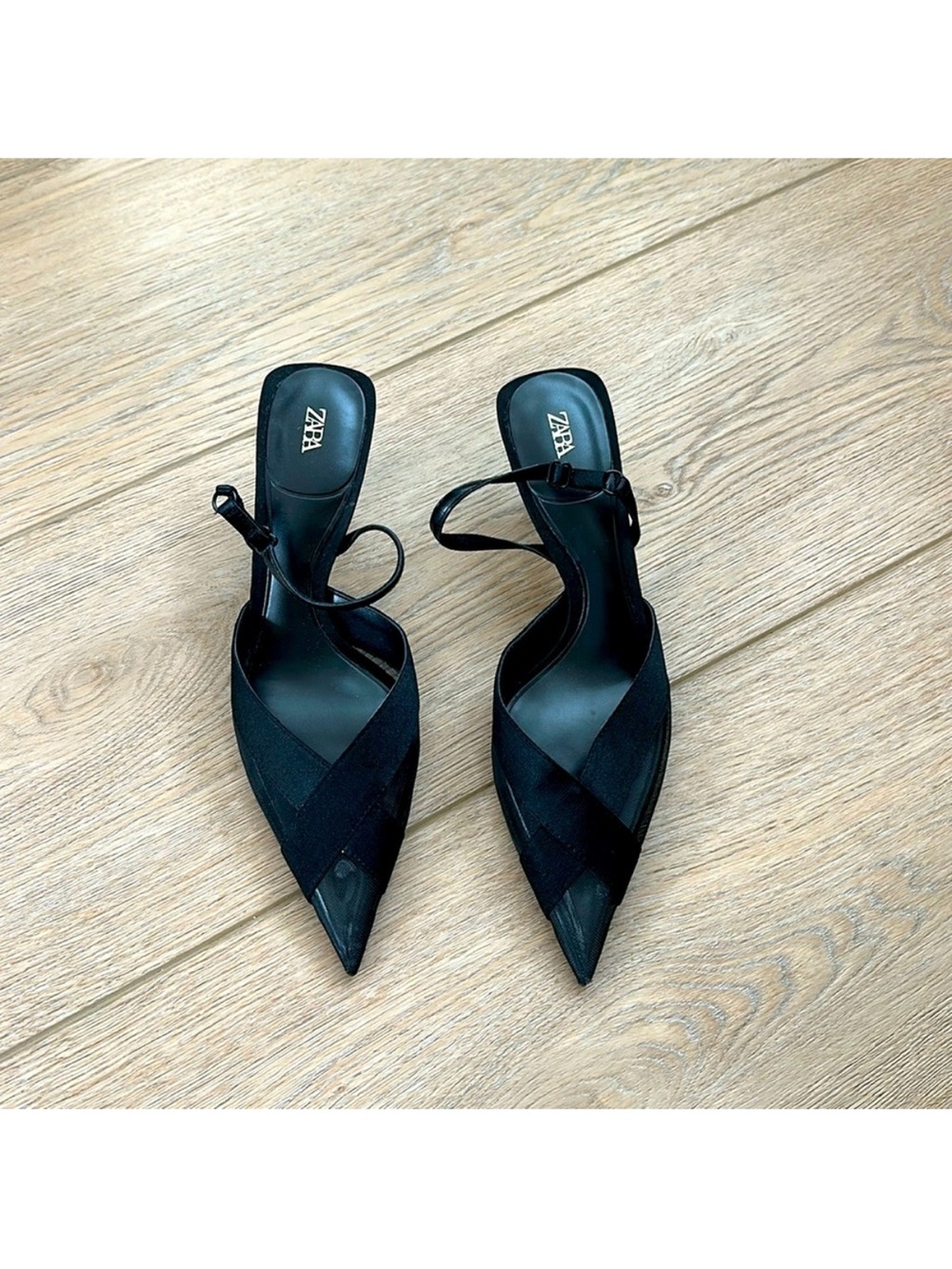 ZARA Black Slingback Heels Pointed Toe Kitten Heel Strappy Mesh Size 7.5